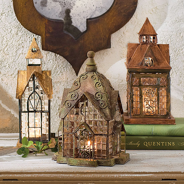 Product image for Set of 3 Glass and Metal Architectural Candle Lanterns Gift Set