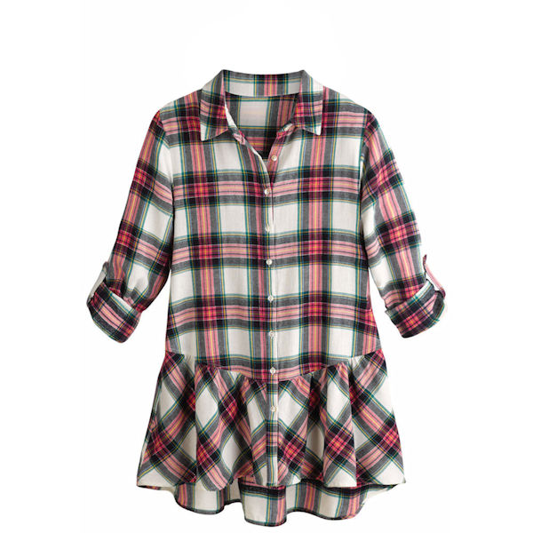 Product image for Pink Plaid Flannel Button Down Roll Tab Sleeve Shirt