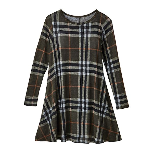 Product image for Olive Plaid Knit Long Sleeve Swing Tunic Top with Pockets