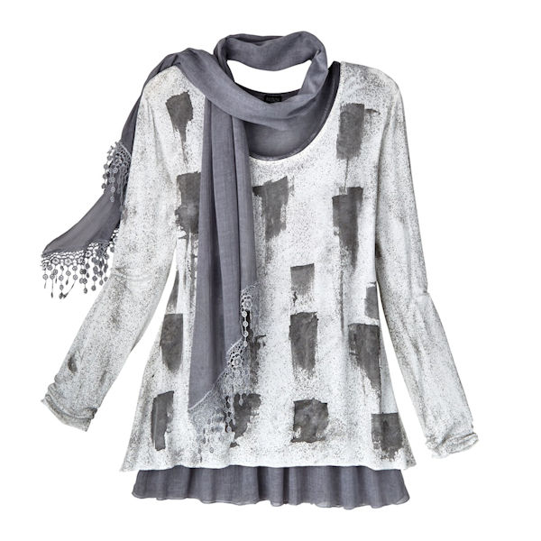 Product image for Women's Artsy Charcoal Gray & White Tunic & Scarf Set