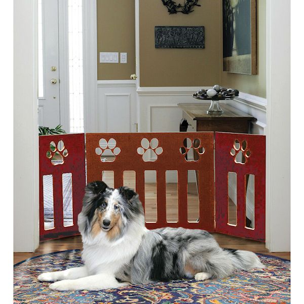Etna 3 Panel Wood Pet Gate With Paw Print Cutout Design Freestanding Tri Fold Dog Fence For Doorways Stairs Indoor Outdoor Pet Barrier