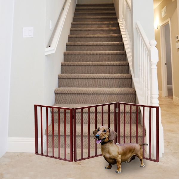 Product image for Home District Freestanding Pet Gate, Solid Wood 3-Panel Tri-Fold Folding Dog Gate Dog Fence for Doorways Stairs Decorative Pet Barrier - Mahogany Traditional Slat, 54' x 24'