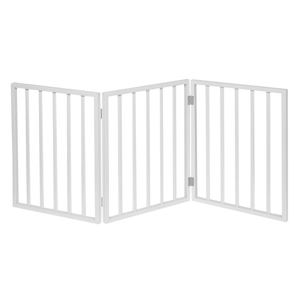 Product image for Home District Freestanding Pet Gate, Solid Wood 3-Panel Tri-Fold Folding Dog Gate Dog Fence for Doorways Stairs Decorative Pet Barrier - White Traditional Slat, 54' x 24'