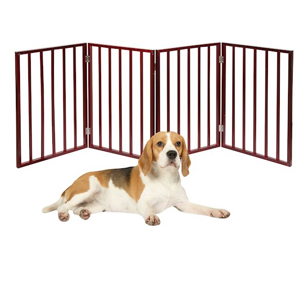 Product image for Home District Freestanding Pet Gate, Solid Wood 3-Panel Tri-Fold Folding Dog Gate Dog Fence for Doorways Stairs Decorative Pet Barrier - Mahogany Traditional Slat, 71' x 27'