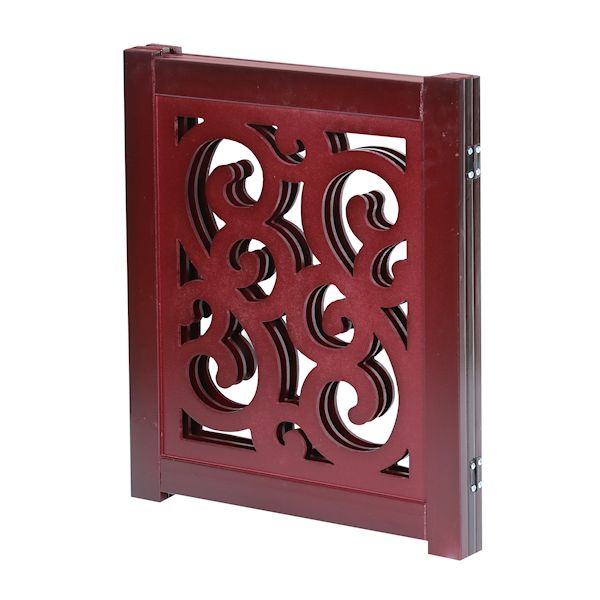 Product image for Home District Freestanding Pet Gate, Solid Wood 3-Panel Tri-Fold Folding Dog Gate Dog Fence for Doorways Stairs Decorative Pet Barrier - Mahogany Scroll Design, 47' x 19'