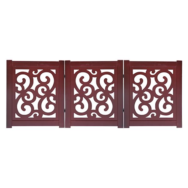 Product image for Home District Freestanding Pet Gate, Solid Wood 3-Panel Tri-Fold Folding Dog Gate Dog Fence for Doorways Stairs Decorative Pet Barrier - Mahogany Scroll Design, 47' x 19'