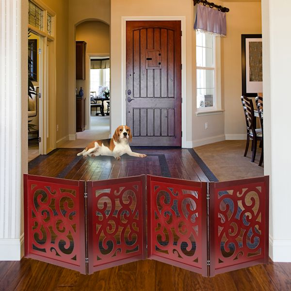 Product image for Home District Freestanding Pet Gate, Solid Wood 3-Panel Tri-Fold Folding Dog Gate Dog Fence for Doorways Stairs Decorative Pet Barrier - Mahogany Scroll Design, 81' x 27'