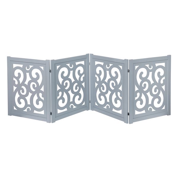 Product image for Home District Freestanding Pet Gate, Solid Wood 3-Panel Tri-Fold Folding Dog Gate Dog Fence for Doorways Stairs Decorative Pet Barrier - Grey Scroll Design, 81' x 27'