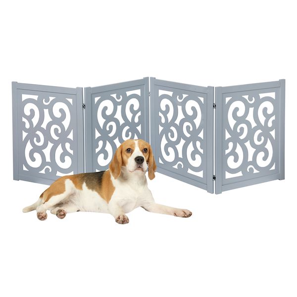 Product image for Home District Freestanding Pet Gate, Solid Wood 3-Panel Tri-Fold Folding Dog Gate Dog Fence for Doorways Stairs Decorative Pet Barrier - Grey Scroll Design, 81' x 27'