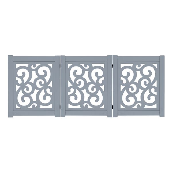 Product image for Home District Freestanding Pet Gate Real Wood 3-Panel Tri Fold Folding Dog Fence - Grey Scroll Design, 47' x 19'
