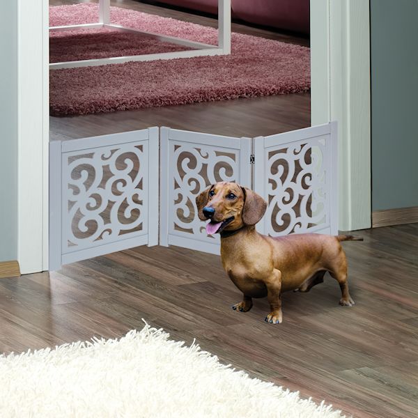 Product image for Home District Freestanding Pet Gate Real Wood 3-Panel Tri Fold Folding Dog Fence - Grey Scroll Design, 47' x 19'