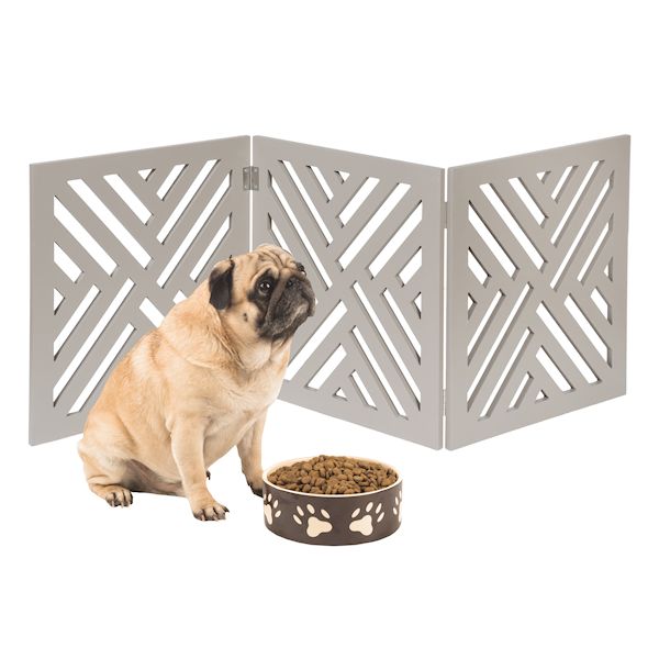 Product image for Home District Freestanding Pet Gate Real Wood 3-Panel Tri Fold Folding Dog Fence - White Lattice Design, 47' x 19'