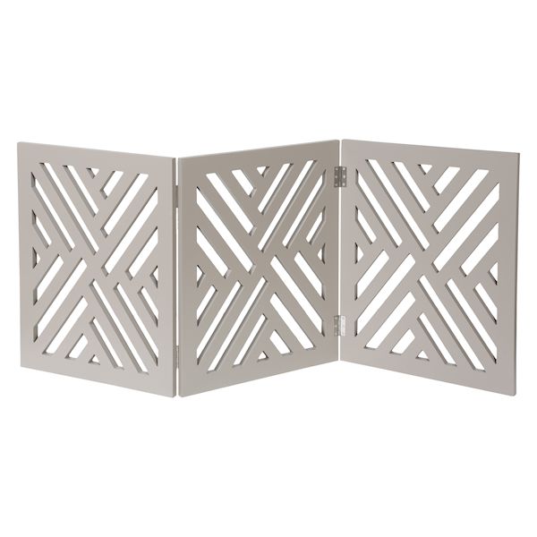 Product image for Home District Freestanding Pet Gate Real Wood 3-Panel Tri Fold Folding Dog Fence - White Lattice Design, 53' x 24'