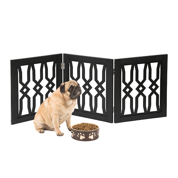 Product image for ETNA Freestanding Wood Pet Gate - Twist Design 3-Panel Tri Fold Dog Fence for Doorways, Stairs - Indoor/Outdoor Pet Barrier - Black 48'W x 19' Tall