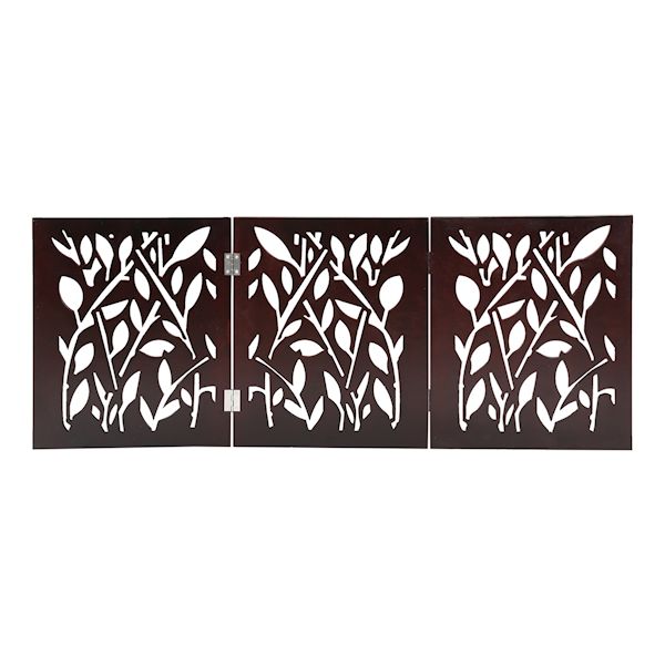 Product image for ETNA Freestanding Wood Pet Gate - Leaf Design 3-Panel Tri Fold Dog Fence for Doorways, Stairs - Indoor/Outdoor Pet Barrier - Brown 48'W x 19' Tall