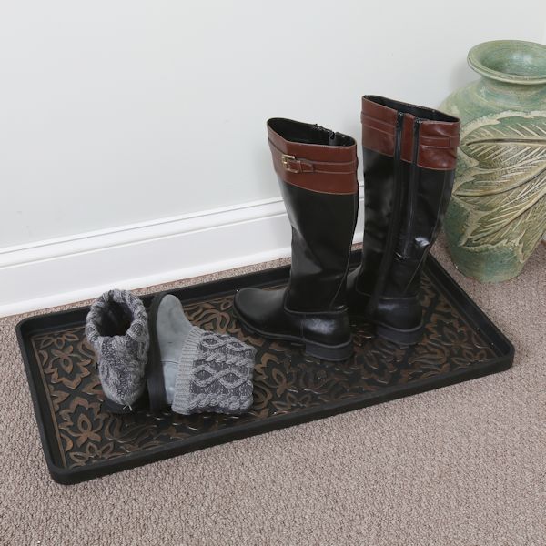 ART & ARTIFACT Rubber Boot Tray Wet Shoe Tray for Entryway Indoor Outdoor  Snow Boot Mat Extra Large Shoe Tray 32' x 16', Black, Damask