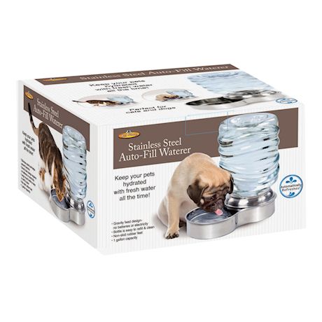 Etna Gravity Feed Pet Waterer Bowl - Stainless Steel Cat and Dog Water Dish Station Holds 1 Gallon, BPA-Free, Non Skid Bottom