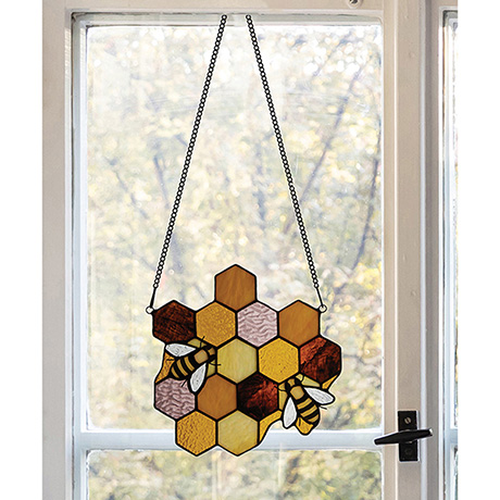 Bees and Honeycomb Stained Glass Panel