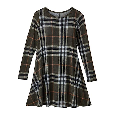 Olive Plaid Knit Long Sleeve Swing Tunic Top with Pockets