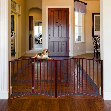 Home District Freestanding Pet Gate, Solid Wood 3-Panel Tri-Fold Folding Dog Gate Dog Fence for Doorways Stairs Decorative Pet Barrier - Mahogany Traditional Slat, 71" x 27"