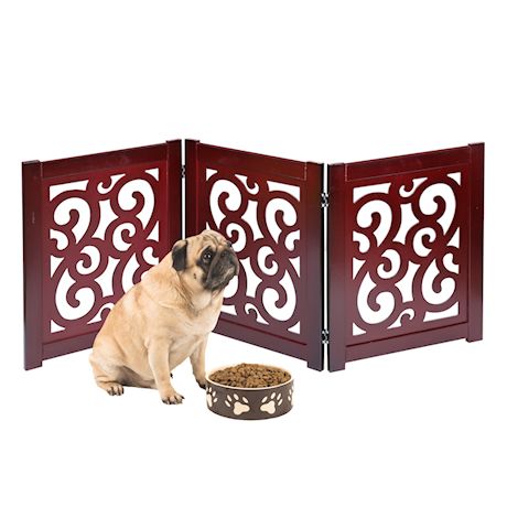 Home District Freestanding Pet Gate, Solid Wood 3-Panel Tri-Fold Folding Dog Gate Dog Fence for Doorways Stairs Decorative Pet Barrier - Mahogany Scroll Design, 47' x 19'