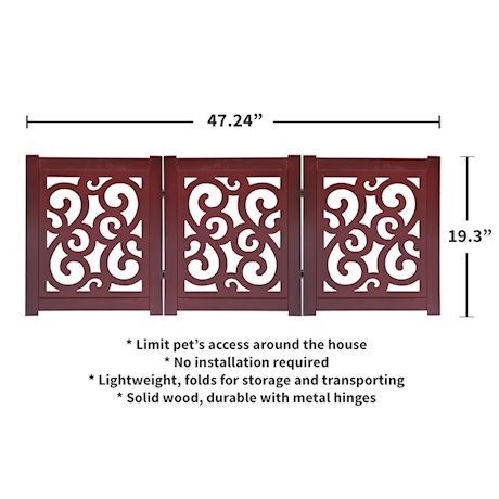 Home District Freestanding Pet Gate, Solid Wood 3-Panel Tri-Fold Folding Dog Gate Dog Fence for Doorways Stairs Decorative Pet Barrier - Mahogany Scroll Design, 47" x 19"