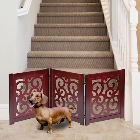 Home District Freestanding Pet Gate, Solid Wood 3-Panel Tri-Fold Folding Dog Gate Dog Fence for Doorways Stairs Decorative Pet Barrier - Mahogany Scroll Design, 47" x 19"