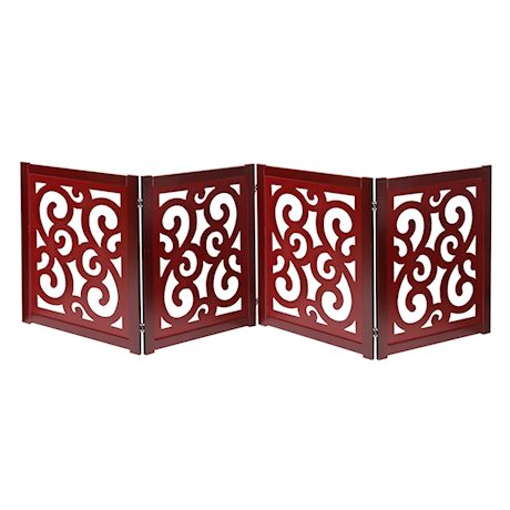 Home District Freestanding Pet Gate, Solid Wood 3-Panel Tri-Fold Folding Dog Gate Dog Fence for Doorways Stairs Decorative Pet Barrier - Mahogany Scroll Design, 81' x 27'