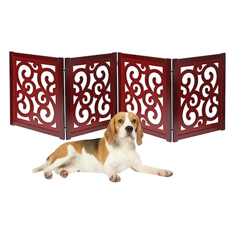 Home District Pet Freestanding Pet Gate, Solid Wood 3-Panel Tri-Fold Folding Dog Gate Dog Fence for Doorways Stairs Decorative Pet Barrier - Mahogany Scroll Design, 81" x 27"