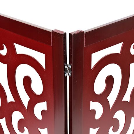 Home District Pet Freestanding Pet Gate, Solid Wood 3-Panel Tri-Fold Folding Dog Gate Dog Fence for Doorways Stairs Decorative Pet Barrier - Mahogany Scroll Design, 81" x 27"