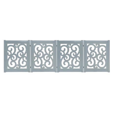 Home District Freestanding Pet Gate, Solid Wood 3-Panel Tri-Fold Folding Dog Gate Dog Fence for Doorways Stairs Decorative Pet Barrier - Grey Scroll Design, 81" x 27"