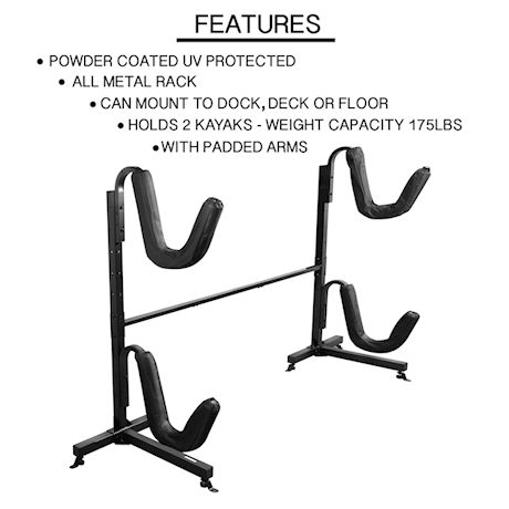 Great Working Tools Kayak Rack Double Kayak Stand, Holds 2 Kayaks or Paddleboards (max wt 175 lbs), Heavy Duty Black Metal Frame with Padded Arms, Freestanding or Floor/Deck Mount Storage
