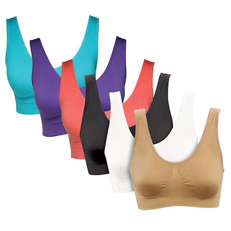 Women's Genie Bra Seamless 6-Pack - Set of 6 Comfort Sports Bras - Black, White, Beige, Jade, Coral, Purple - M