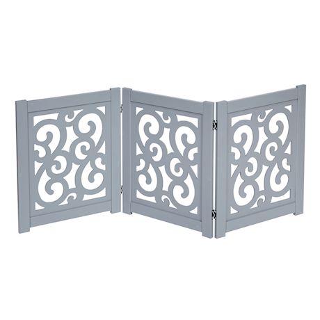 Home District Freestanding Pet Gate Real Wood 3-Panel Tri Fold Folding Dog Fence - Grey Scroll Design, 47' x 19'