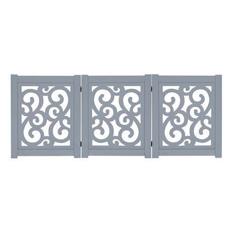 Home District Freestanding Pet Gate Real Wood 3-Panel Tri Fold Folding Dog Fence - Grey Scroll Design, 47" x 19"