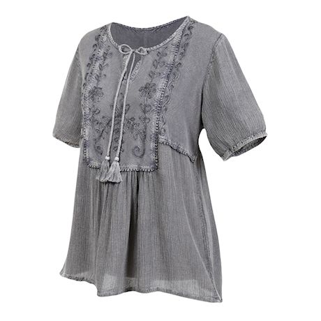 CATALOG CLASSICS Women's Peasant Blouse Tunic Top, Over-Dyed Floral Embroidered
