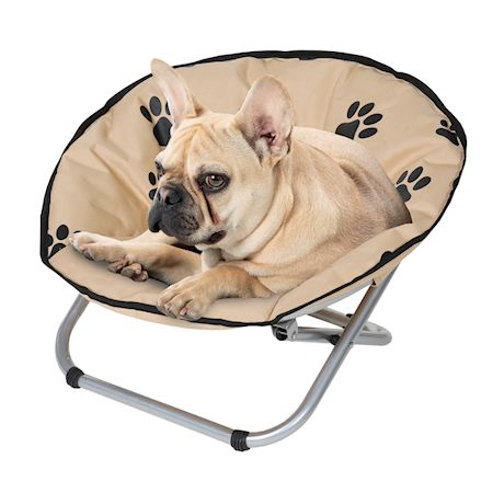 Etna Folding Pet Cot Chair - Portable Round Fold Out Elevated Cat Bed - Black and Beige Water Resistant Paw Print Cushion - Papsan Chair for Small Dogs