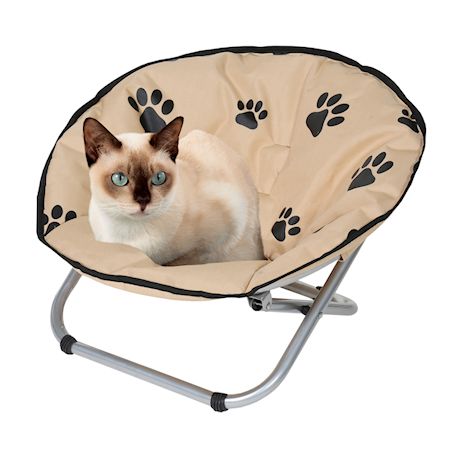 Etna Folding Pet Cot Chair - Portable Round Fold Out Elevated Cat Bed - Black and Beige Water Resistant Paw Print Cushion - Papsan Chair for Small Dogs