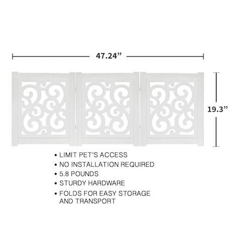 Home District Freestanding Pet Gate, Solid Wood 3-Panel Tri-Fold Folding Dog Gate Dog Fence for Doorways Stairs Decorative Pet Barrier - White Scroll Design, 47" x 19"