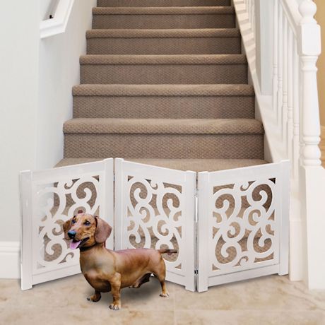 Home District Freestanding Pet Gate, Solid Wood 3-Panel Tri-Fold Folding Dog Gate Dog Fence for Doorways Stairs Decorative Pet Barrier - White Scroll Design, 47" x 19"