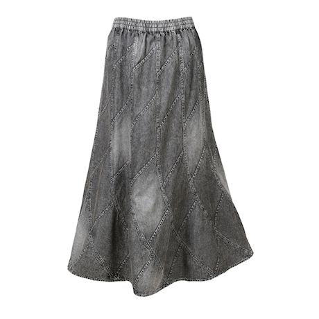 Catalog Classics Women's Denim Skirt, Flared A-Line Patchwork Stitched Mid-Calf