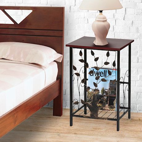 ETNA Sofa Side End Table - Small Metal Leaf Design Base with Dark Brown Wood Look MDF Top - C-Shaped TV Tray Slides Up To Couch, Chair or Recliner to Keep Snacks, Drinks, Accessories at Easy Reach