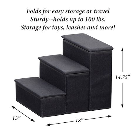 ETNA 3-Step Pet Steps with Storage Fold Away Pet Stairs for Dogs Cats Fabric Upholstered Padded Tops - Black
