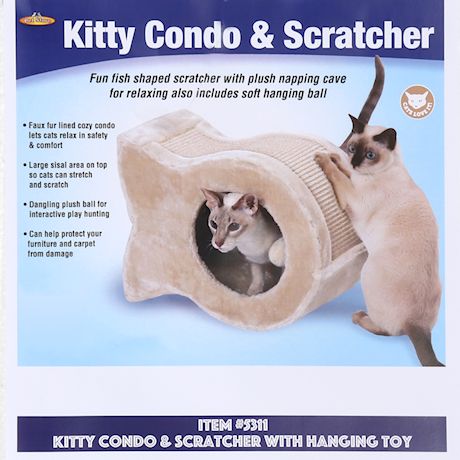 Etna Fish Shaped Kitty Condo - Plush Sisal Cat Scratching Post with Hanging Toy, Napping Cave Bed