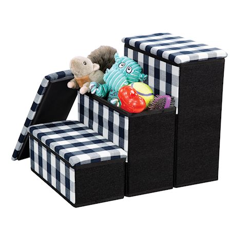 ETNA 3-Step Pet Steps with Storage Fold Away Pet Stairs for Dogs Cats Fabric Upholstered Padded Tops - Plaid