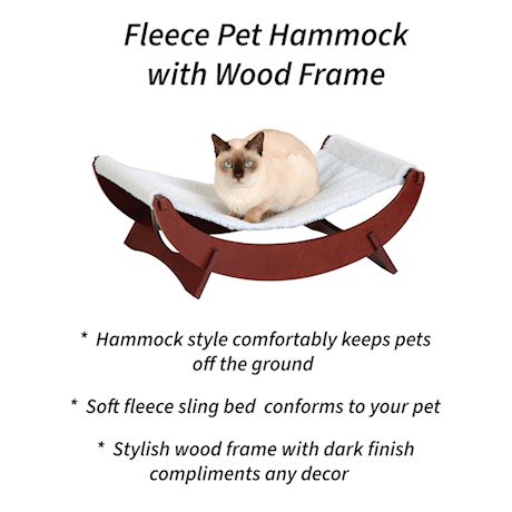 Etna Cat Bed Pet Hammock - Small Dog Wood Frame Lounger with Washable Fleece Cover, Mahogany Finish