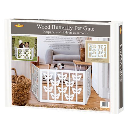 Etna Freestanding Wood Pet Gate - 3-Panel Tri Fold Dog Fence - White Butterfly Design, 47 1/4"W x 19"