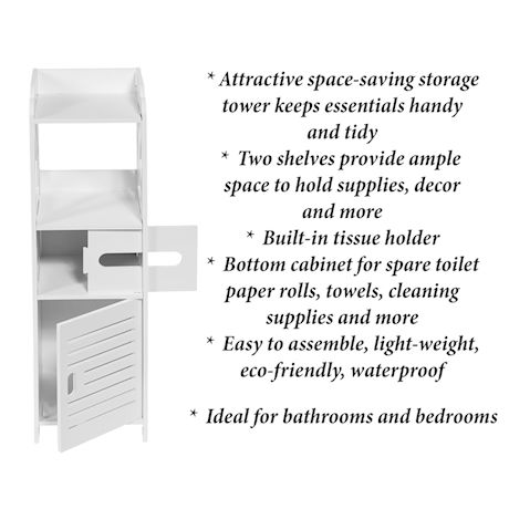 Etna Bathroom Storage Cabinet Tower - Freestanding Restroom Organizer Rack, White Bath Room Shelf Unit with Tissue Holder