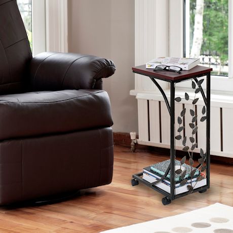 Etna C-Shaped Side Table Sofa Side Table with Wheels, Metal Leaf Design Base & Wood Look Top TV Tray