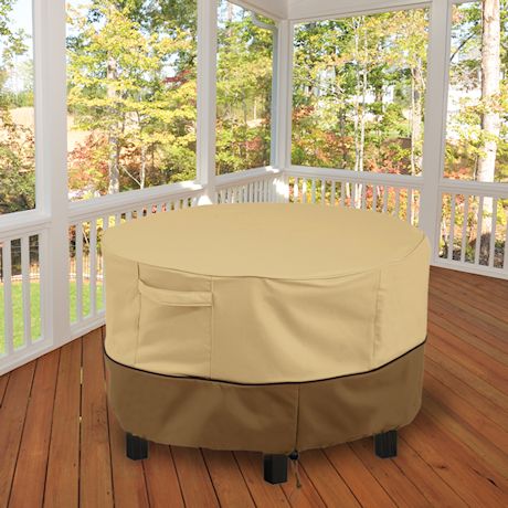 HOME DISTRICT Patio Table Cover Waterproof Heavy Duty 62" Round Outdoor Dining Table Cover with Air Vents and Handles, 62"dia x 32"h - Beige & Brown